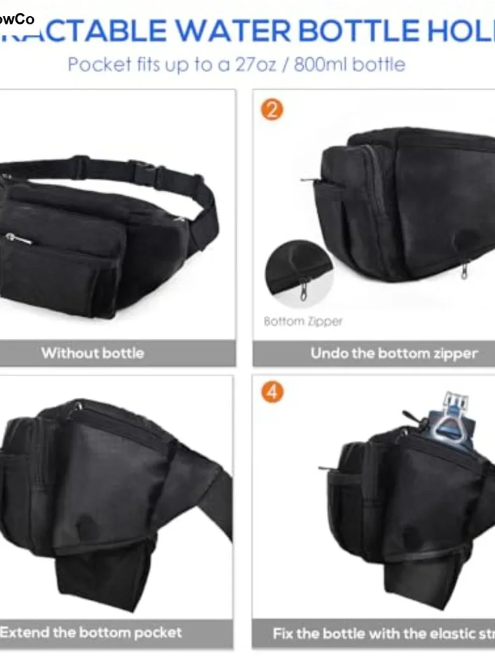 Hiking Fanny Pack with Retractable Water Bottle Holder, Adjustable Waist Strap